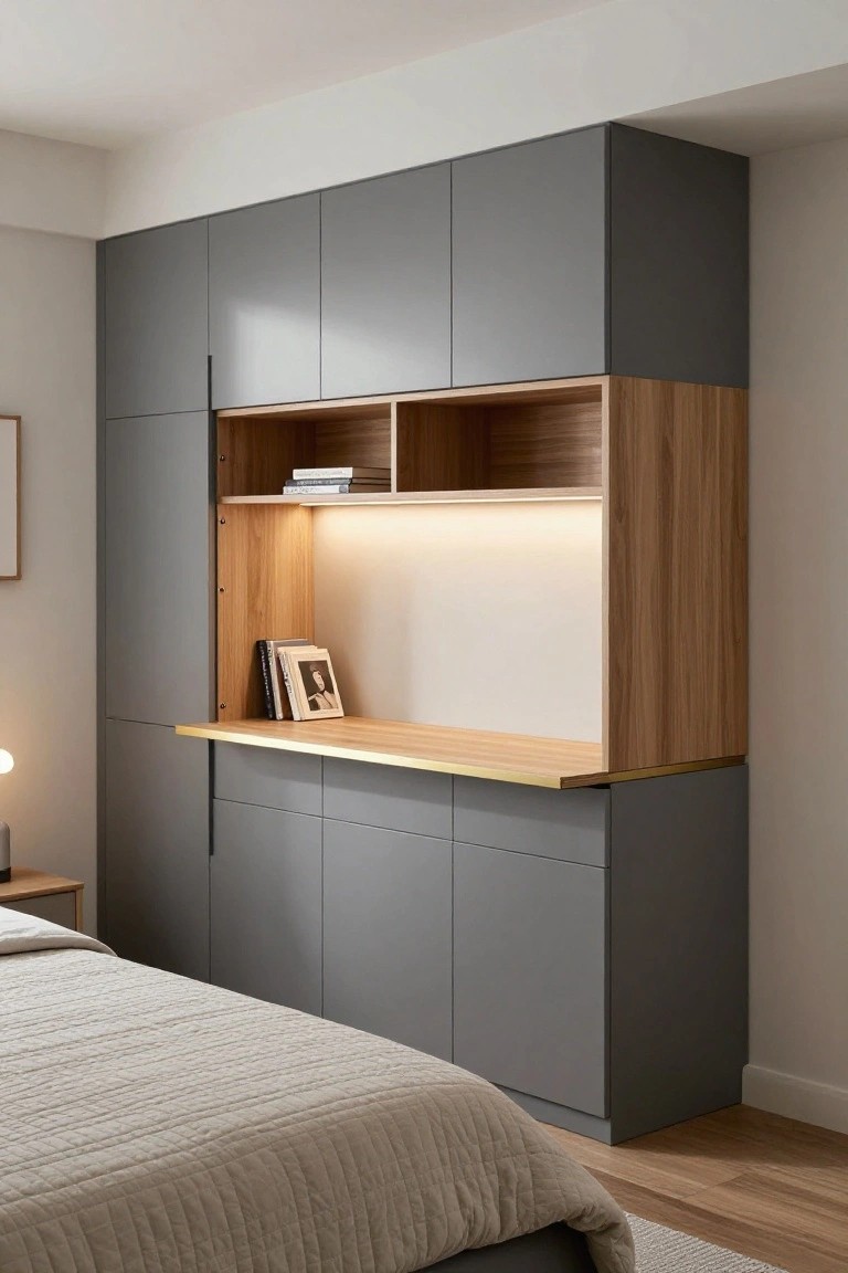 Tall gray wardrobe unit in a bedroom with open wooden shelving section including books, a photo frame, desk surface, underlighting, and adjacent bed with beige quilt on hardwood floor.