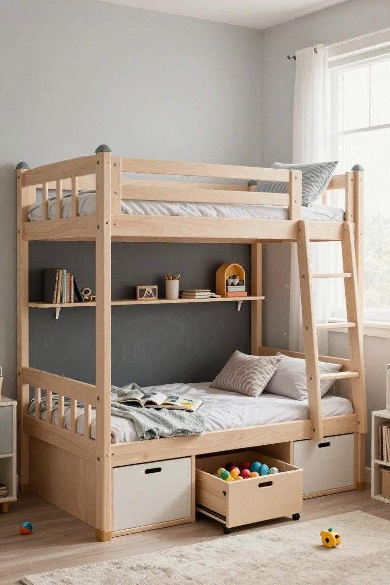 Wooden bunk bed in a light gray child's bedroom with white drawers under the lower bunk holding colorful balls, side shelves with books and toys, and a ladder leading to the upper mattress.