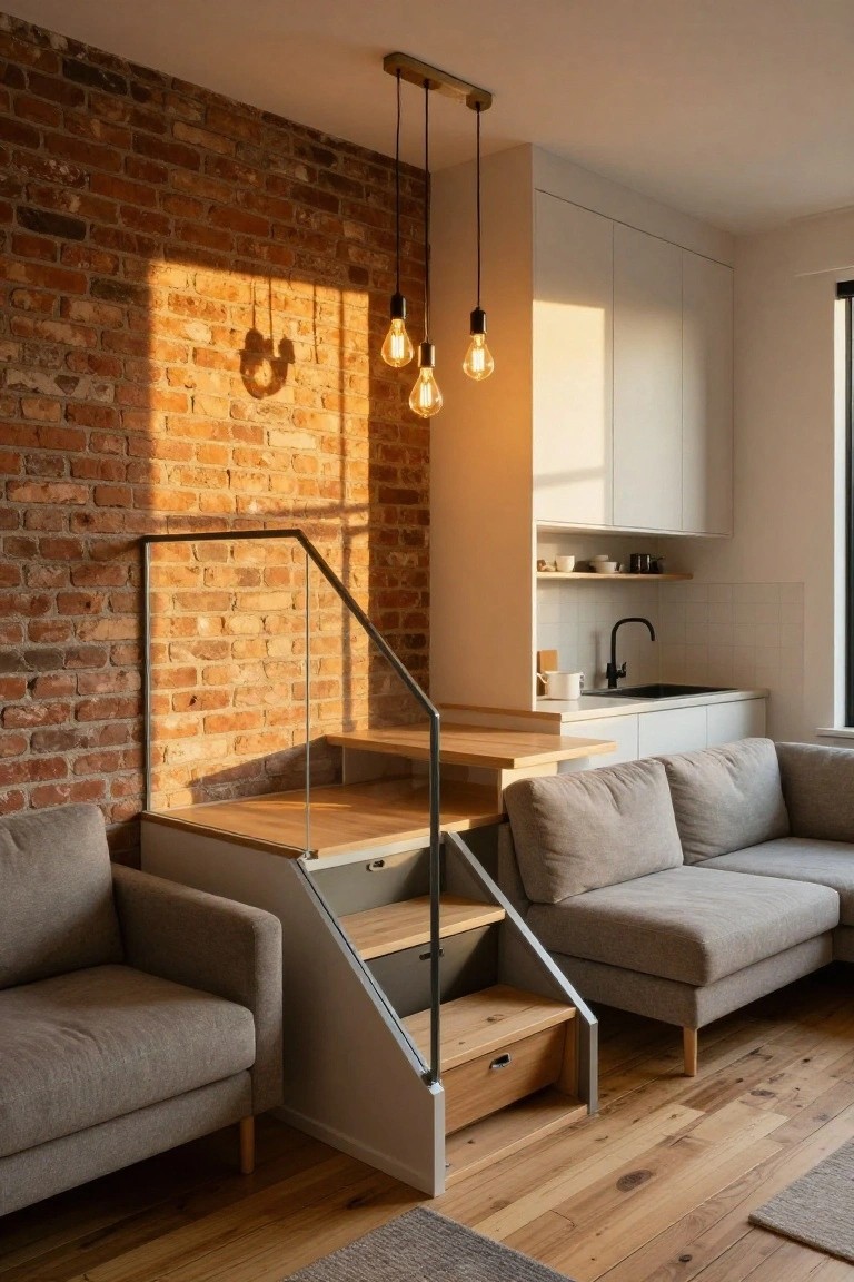Small apartment living area with exposed brick wall, three pendant lights, gray upholstered sofas on wood floors, compact wooden staircase with glass railing and metal frame, and adjacent white kitchenette.