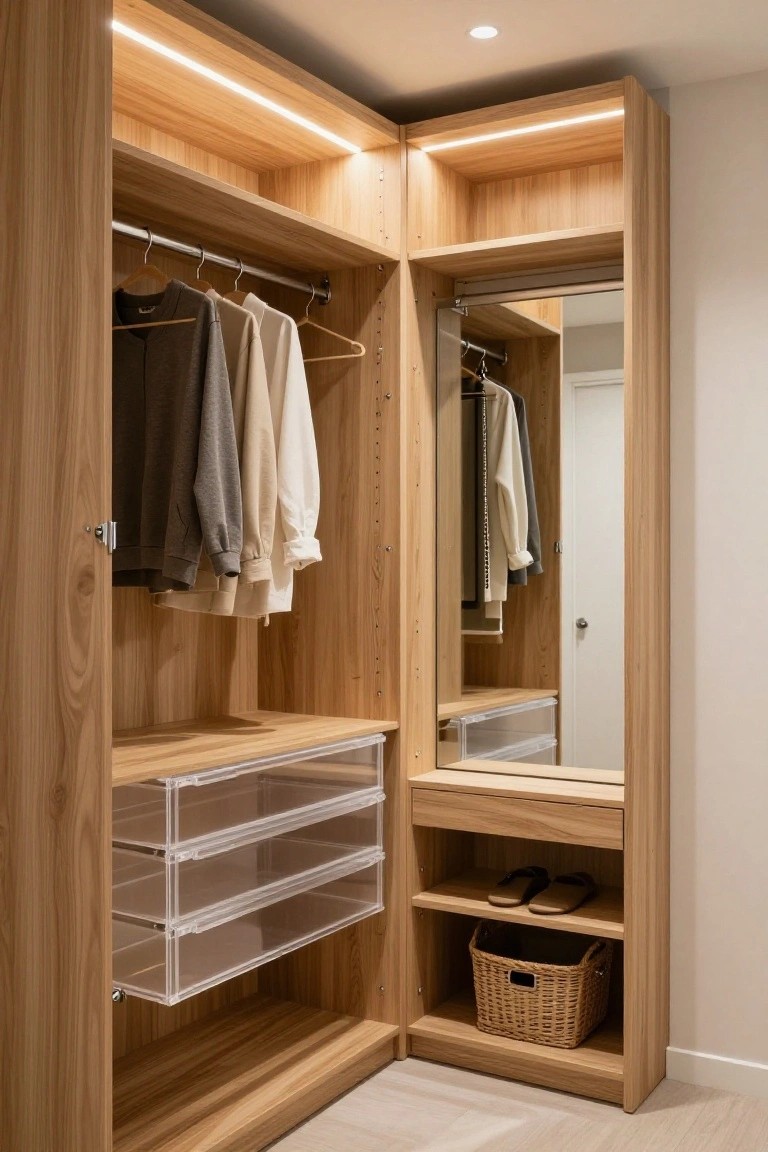 Corner wooden wardrobe with open doors revealing hanging shirts and sweaters on rods, stacked transparent drawers, low shelf with flip-flop sandals and woven basket, integrated mirror, and LED lighting strips.