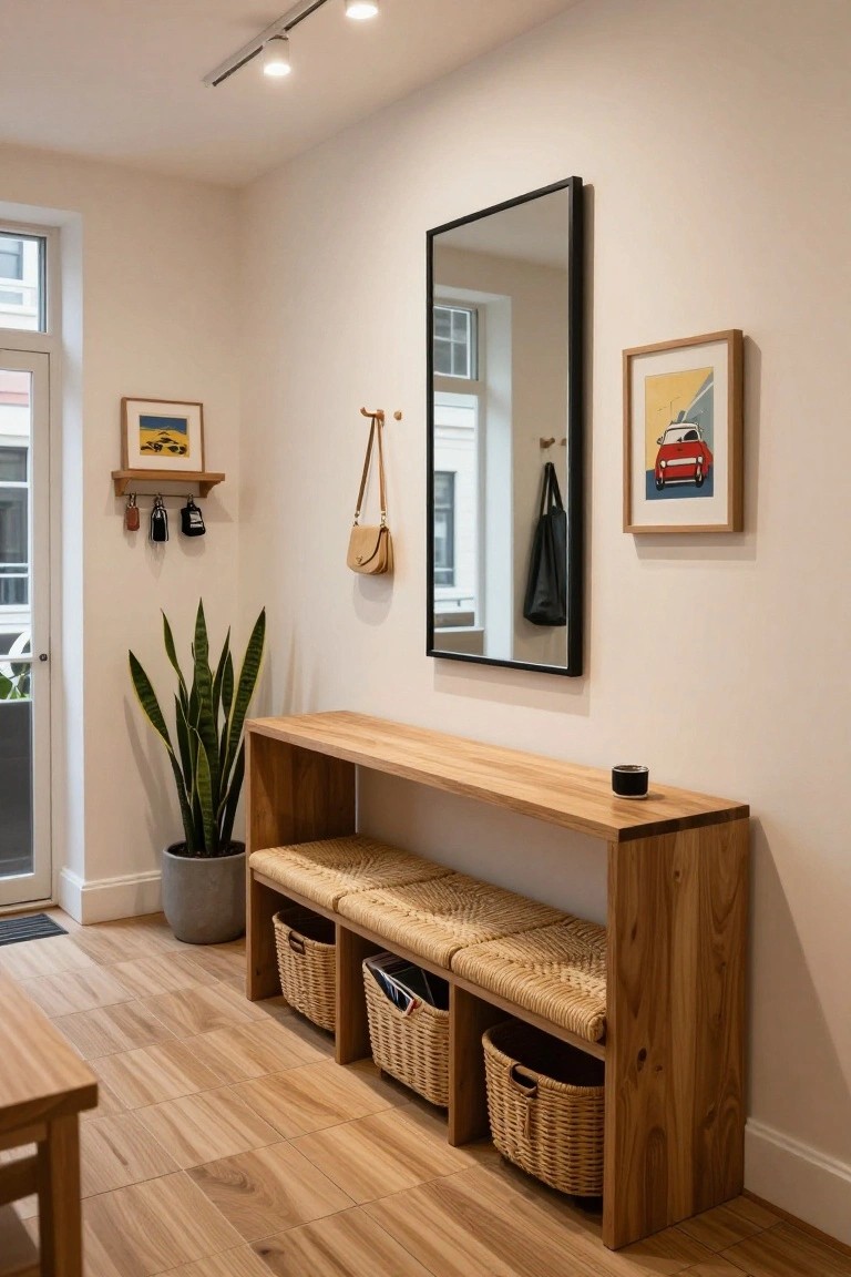 Wooden console table with integrated benches, three wicker baskets in open shelves below, snake plant in gray pot, large mirror on wall, hooks with bags and keys, and two framed artworks in a light entryway with wood flooring.