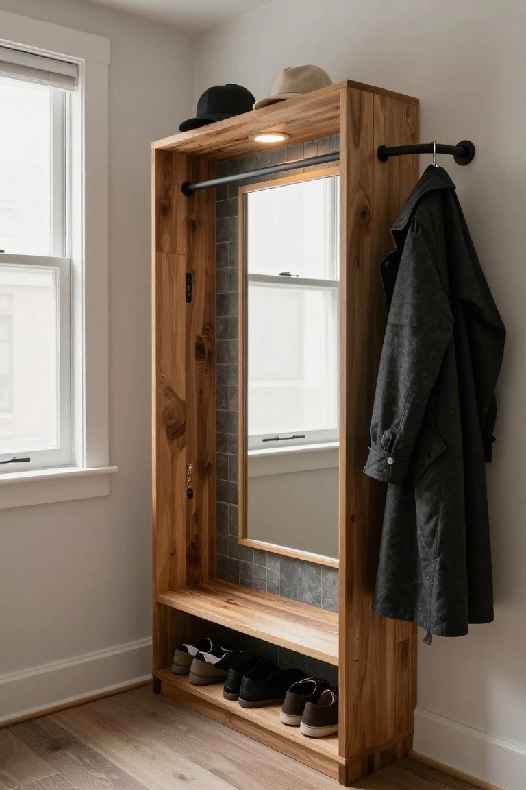 Tall wooden built-in cabinet in a light-colored entryway with full-length mirror, hat shelf, coat hook, bench seat, and shoe storage cubbies below.