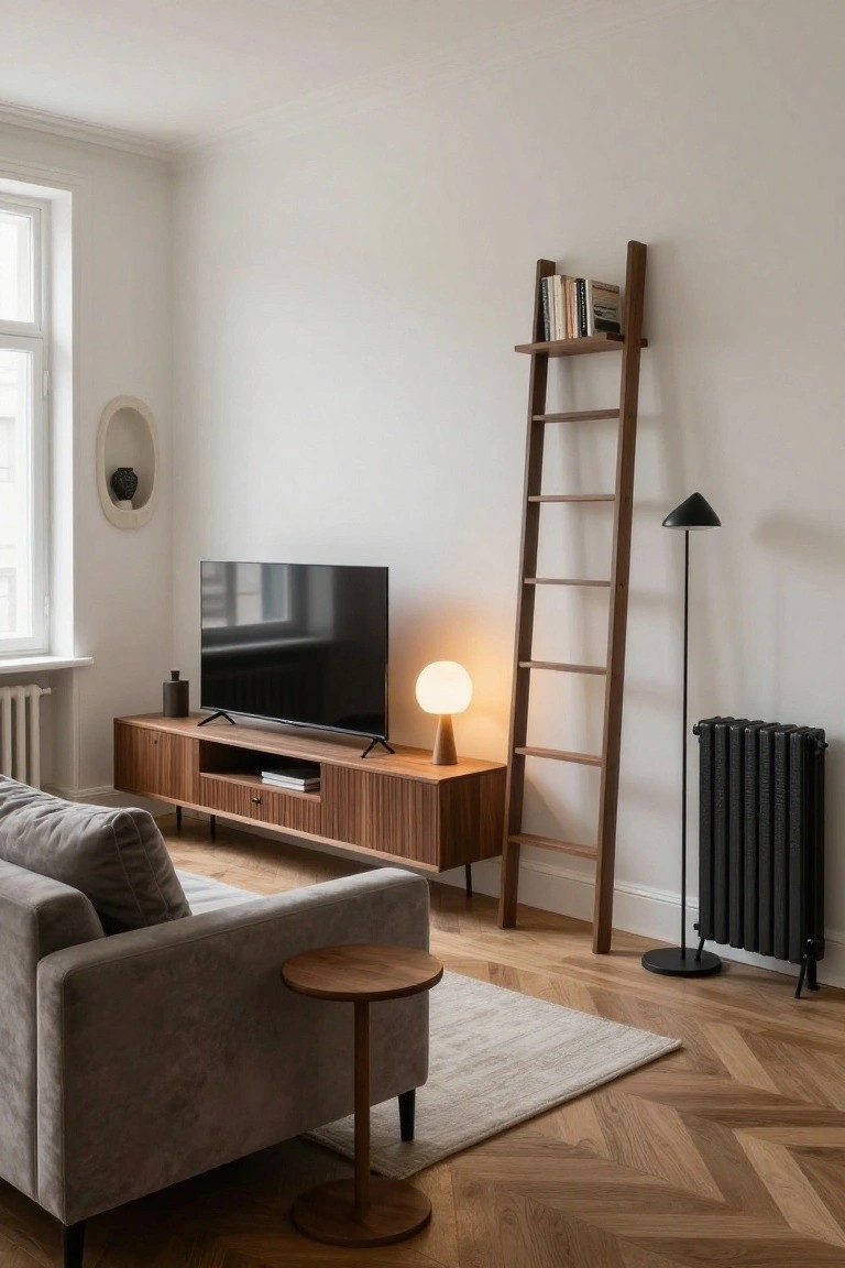 A cozy living room with a gray sofa, wooden media console under a TV, a tall wooden ladder shelf with books against a white wall next to a black radiator, and parquet flooring.