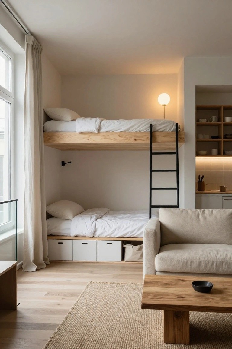 Compact apartment interior with wooden lofted bunk bed, black metal ladder, white storage drawers below, beige sofa, wooden table, and small kitchen area.