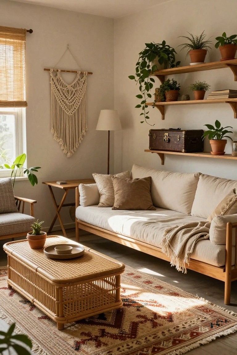 Light-filled living room with beige linen sofa, rattan coffee table, wooden wall shelves holding plants and books, macrame hanging, lamp, and potted greenery throughout.
