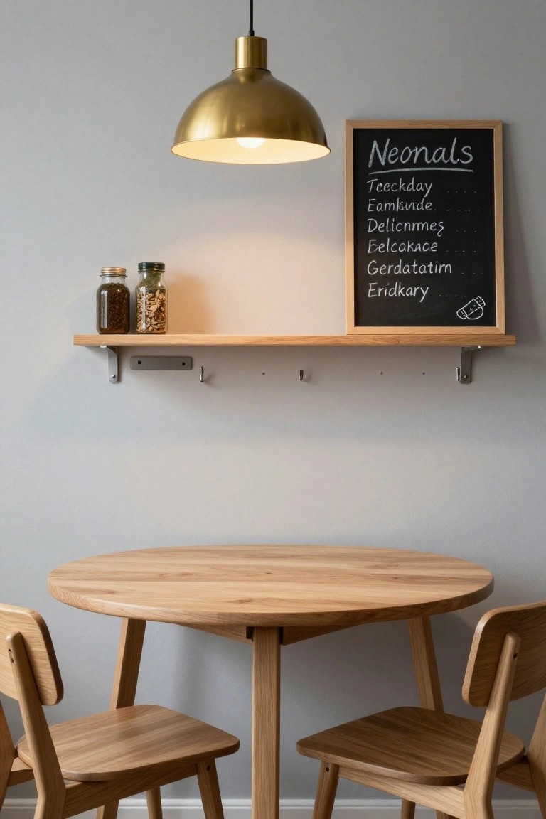 Small round wooden dining table with two matching wooden chairs, under a brass pendant lamp, next to a wooden wall shelf with glass jars of spices and nuts, and a framed chalkboard menu on a light gray wall.