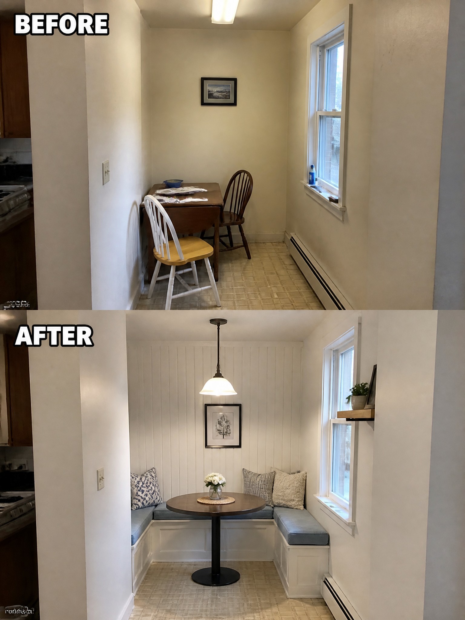 Before-and-after transformation of a small dining nook with bench seating and a table.