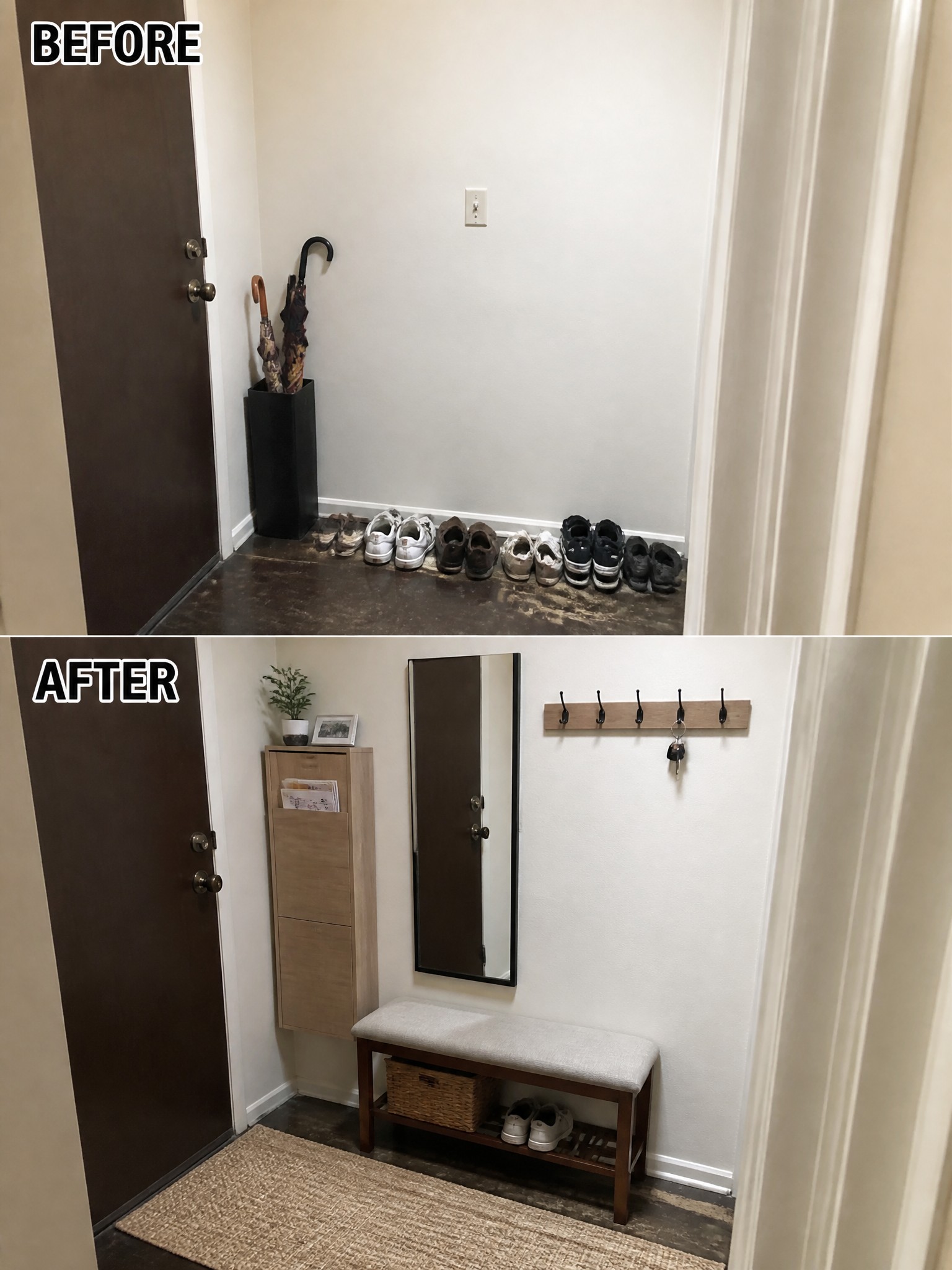 Before-and-after image of a small entryway transformed from scattered shoes on the floor to an organized space with a storage bench, cabinet, mirror, and wall hooks.