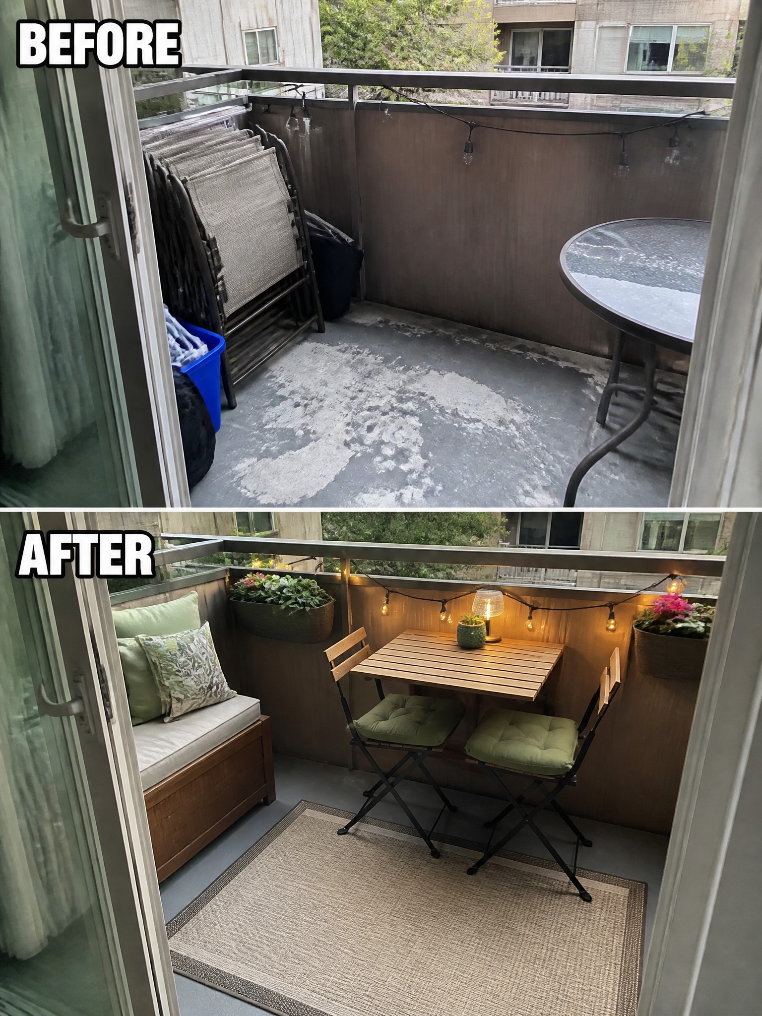 Before: cluttered balcony with folding chairs and a table. After: stylish balcony with seating, plants, and decor.