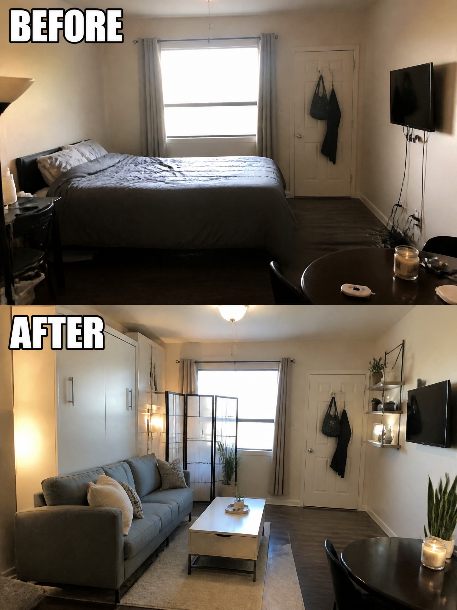 Before: simple bedroom with a bed and TV. After: stylish living area with sofa, table, and decor.