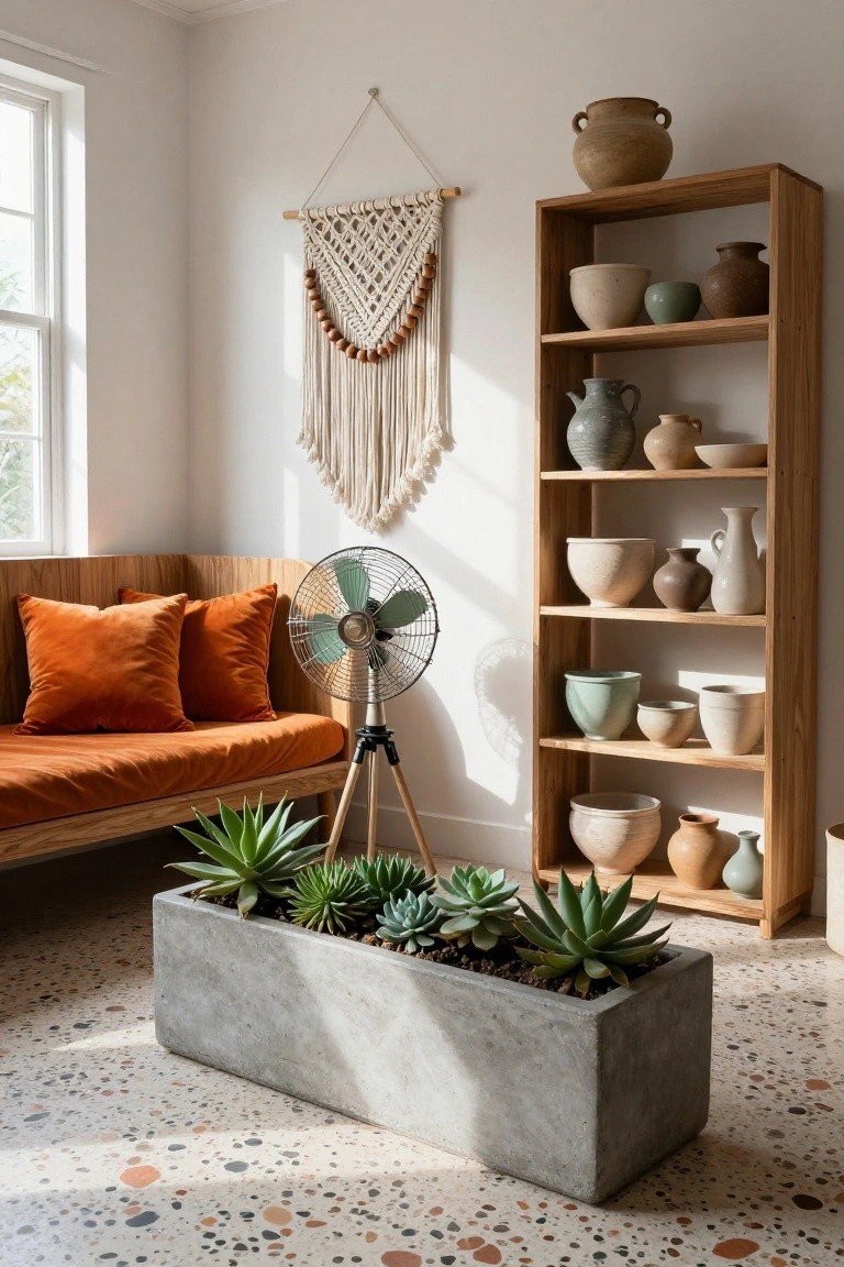 A sunlit indoor room corner with a low wooden-framed burnt orange sofa, tripod standing fan, concrete trough of succulents, macrame wall hanging, and tall wooden shelving unit displaying assorted ceramic pots, bowls, vases, and jars.