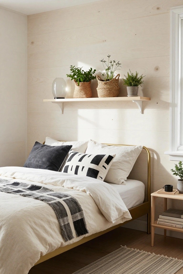 Bedroom with light wood vertical plank wall, floating wooden shelf holding glass vase and plants in woven baskets, gold metal bed frame with white and patterned pillows and duvet, wooden nightstand with books and mug, seagrass rug on wood floor.