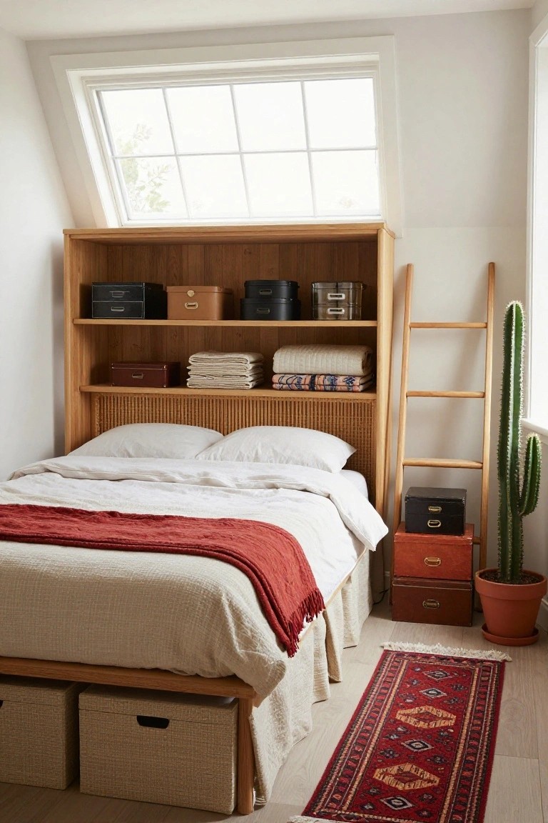A small attic bedroom with wooden built-in shelves around a rattan headboard bed, accessed by a ladder, storage boxes on shelves and floor, folded linens, red throw on bed, potted cactus, and patterned rug.