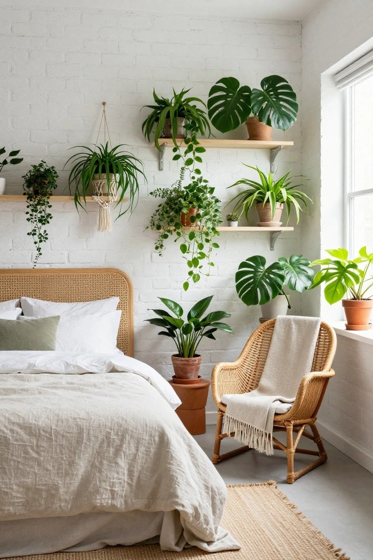 A bedroom corner featuring a rattan bed with white and neutral linens against a white brick wall covered in potted plants on floating wooden shelves and hanging macrame baskets, including large monstera, trailing pothos, and a wicker rocking chair nearby.