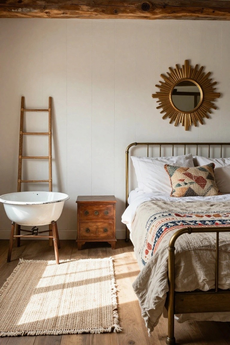 Cozy bedroom with brass metal bedframe topped by white sheets and multicolored quilted bedding, small wooden nightstand, white enamel basin on wooden stand, tall wooden ladder leaning on white paneled wall, gold sunburst mirror, seagrass rug, and exposed wood beam ceiling.