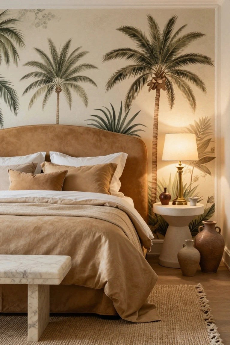 Bedroom with pale walls printed in green palm trees and leaves, tan curved velvet headboard, white and beige pillows and sheets on bed, brass lamp on white round nightstand with small vases and pots, marble bench at bed foot, and seagrass rug on wood floor.