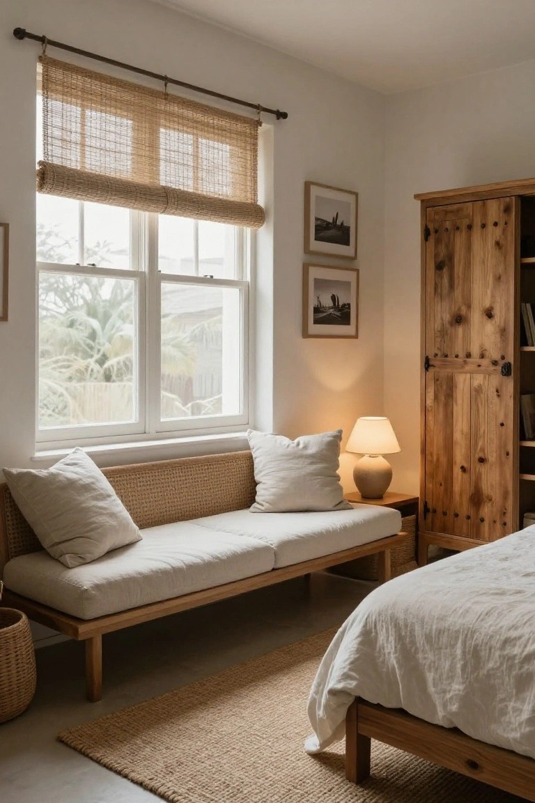 Bedroom corner featuring a low rattan daybed with white cushions next to a window covered in rolled bamboo blinds, a wooden wardrobe, lamp on a side table, and a bed in the background.