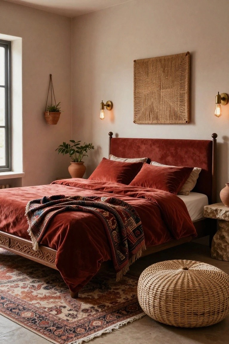 A bedroom interior with a deep red velvet bed on a carved wood frame, surrounded by woven wall art, potted plants, terracotta pots, wicker elements, and warm wall sconces.