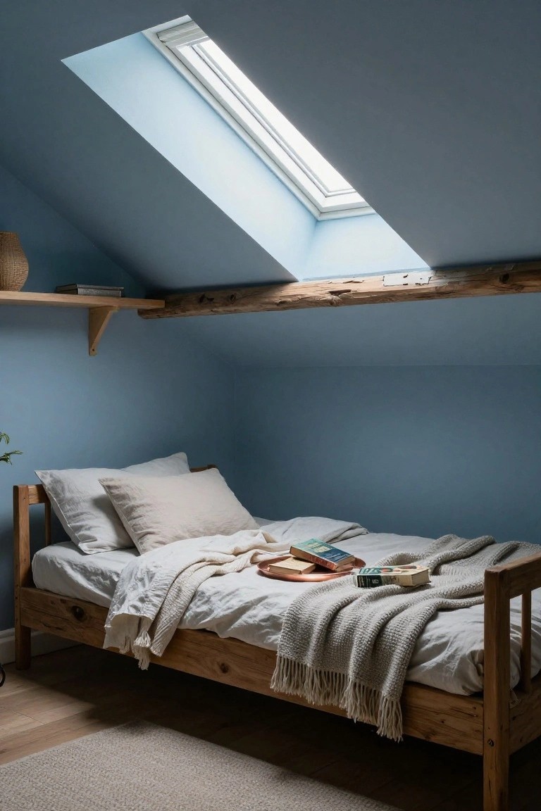 Attic bedroom with light blue walls, sloped ceiling featuring exposed wooden beams and a skylight, wooden single bed with white linens, pillows, books, and a gray throw, wooden shelf, potted plant, and beige rug on wood floor.