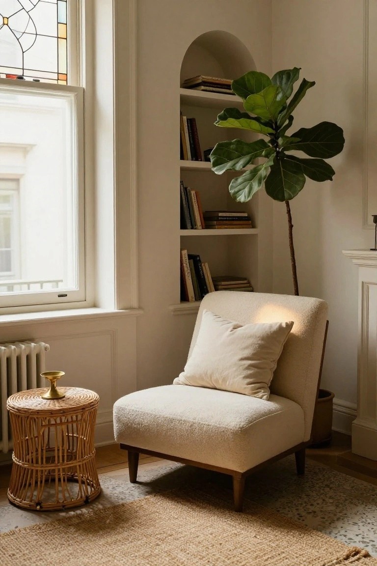 Cream bouclé armchair in a corner beside arched white bookshelves stocked with books and a large potted fiddle leaf fig plant, with a rattan side table holding a brass candlestick, stained glass window, and radiator nearby on a light wood floor with seagrass rug.