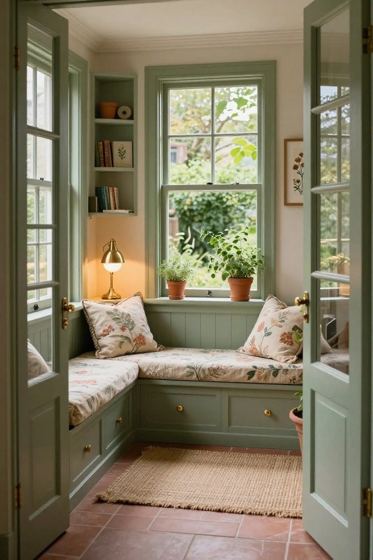 A sage green corner room with an L-shaped built-in window bench featuring storage drawers, floral cushions, potted plants on shelves and sills, books, a brass lamp, seagrass rug, terracotta floor tiles, and open French doors.