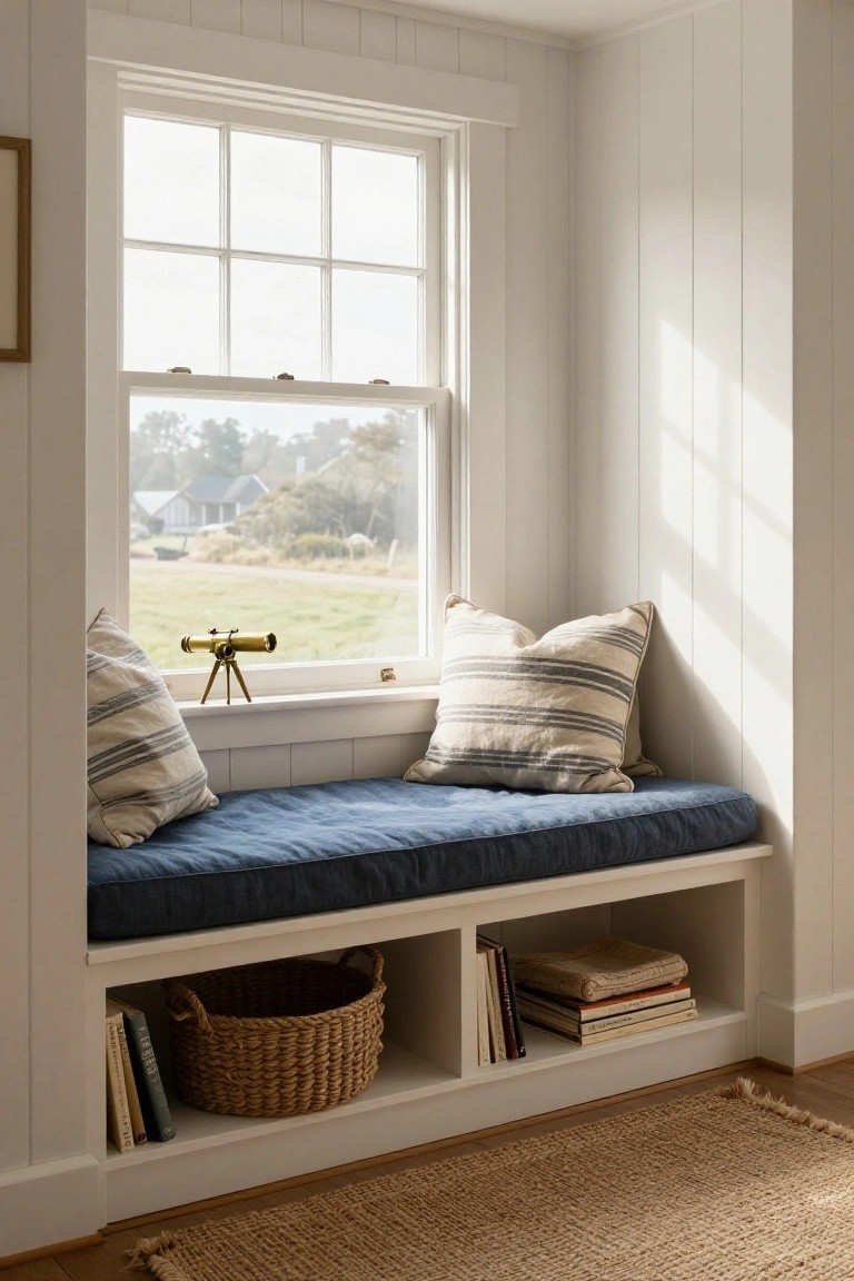 White shiplap-walled room with built-in window seat bench in navy cushion, striped lumbar pillows, brass telescope on sill, and lower shelves holding books and woven basket, overlooking rural landscape through six-pane window.