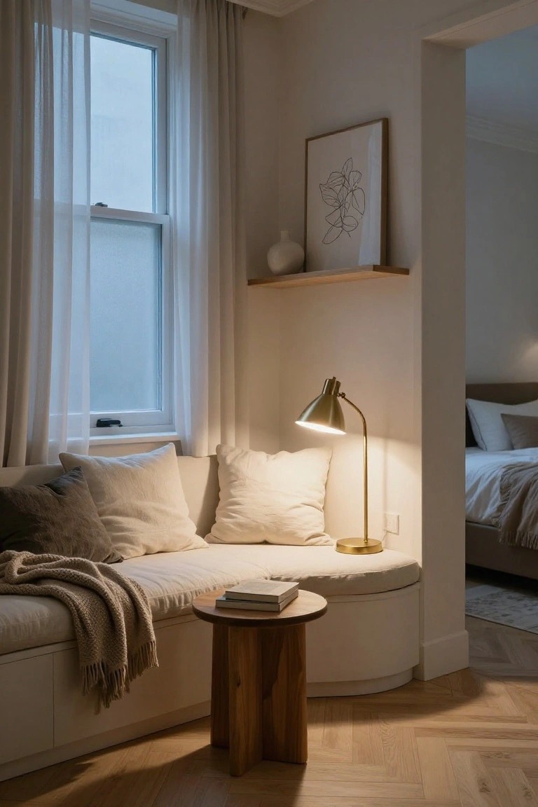 Curved white built-in window seat with gray and white pillows, knit throw blanket, wooden side table holding books, brass desk lamp lit up, sheer curtains on window, and view into adjacent bedroom with bed.