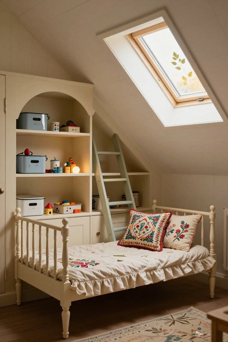Attic child's bedroom with white wooden spindle bed, embroidered pillows and quilt, arched built-in shelves stocked with toys and storage bins, pull-out ladder, skylight in sloped ceiling, and beige wood-paneled walls over wooden floor.