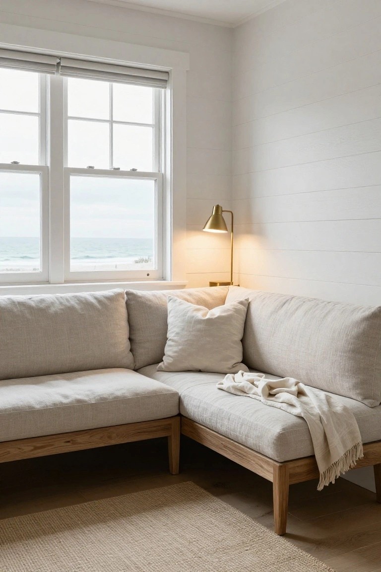 Beige linen L-shaped corner sofa with oak legs and pillows in a white shiplap room, gold arc lamp lit nearby, windows showing ocean view, throw blanket draped over, seagrass rug on wood floors.