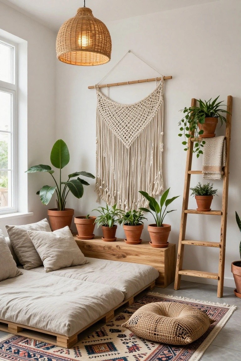 White-walled indoor room corner with low beige pallet bed, multiple potted plants on floor and wooden ladder shelf, macrame wall hanging, rattan pendant light, and patterned rug.