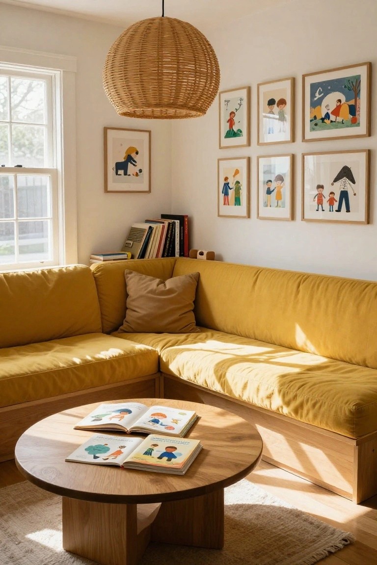 Bright corner of a living room featuring a yellow L-shaped linen sofa, low round wooden coffee table with open children's books, nearby bookshelves, framed colorful artwork on white walls, rattan pendant lamp, and natural window light.