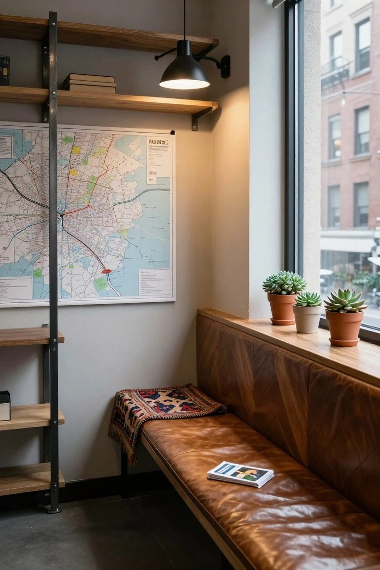 Indoor corner with black metal and wood open shelves stocked with books, large map of Malmö on wall, three potted succulents on windowsill above tan leather bench with patterned throw blanket and magazine.