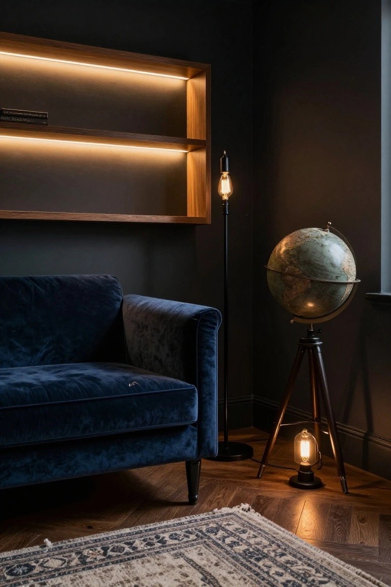 Dark room corner with wooden floating shelves lit by LED strips, blue velvet tufted sofa, vintage globe on wooden stand, black floor lamp, tripod lantern, and Persian rug on parquet floor.