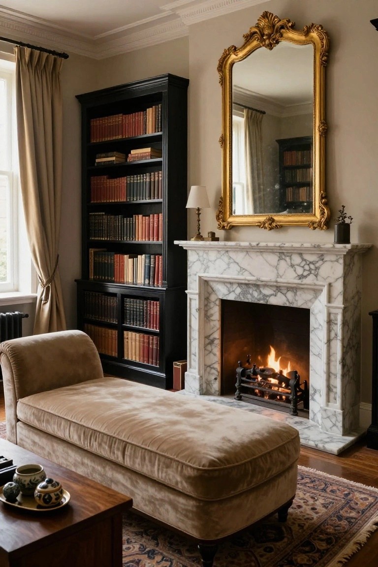 A beige velvet chaise lounge positioned in front of a lit marble fireplace in a book-lined room with tall black bookshelves, a large gold-framed mirror, beige curtains, and a Persian rug on the wooden floor.