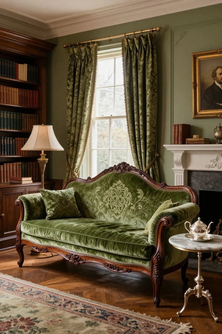 Green velvet tufted sofa with carved wooden frame in a green-walled room featuring bookshelves, a brass lamp, fireplace, and green drapes on the window.