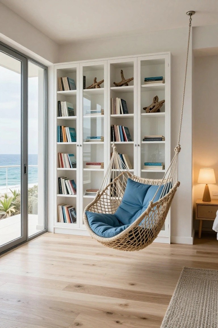 A light-filled interior reading corner with tall white bookshelves stocked with books and decor, a beige rope hanging swing chair with blue cushions, large glass doors overlooking the ocean, light wood floors, and a small side table with lamp.