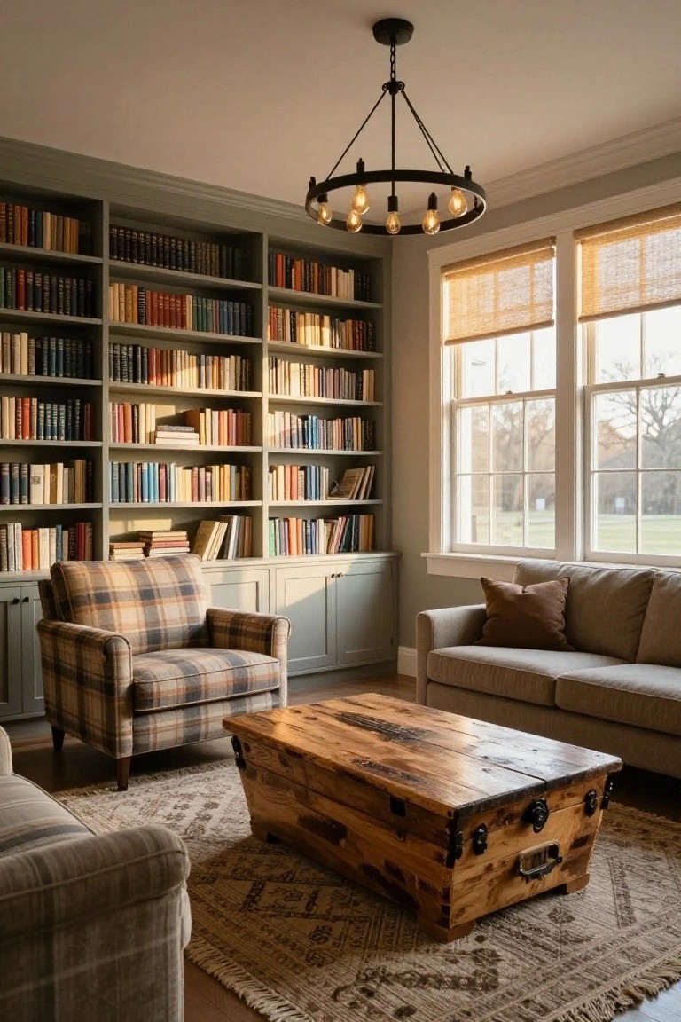 Sage green built-in bookshelves line three walls of a reading room filled with books, with a plaid armchair, gray sofa, wooden trunk coffee table on a patterned rug, black metal chandelier, and double windows with bamboo shades.