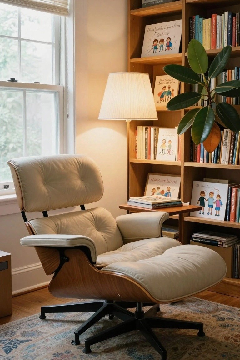 Cream upholstered lounge chair with ottoman and wooden base in a beige room corner with wooden bookshelves filled with books, a floor lamp, potted plant, and window with blinds.