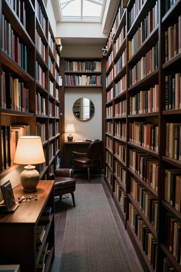 Narrow indoor library corridor with dark wooden floor-to-ceiling bookshelves on both sides filled with books, a wooden desk with lamp and glasses at the end, leather armchair nearby, round wall mirror, and skylight overhead.