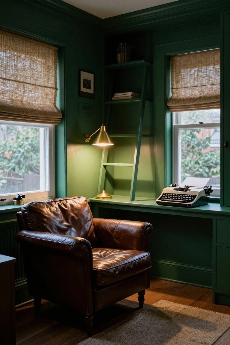 Emerald green corner room with built-in ladder shelving, desk topped by vintage typewriter, brown leather armchair, gold lamp, and two windows covered in bamboo blinds.