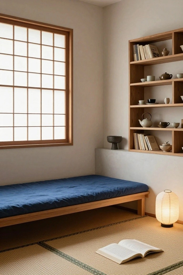 A minimalist indoor room with light gray walls, tatami mat flooring, a low wooden futon bed with blue cushions, wooden shelves displaying books and ceramic pottery and teaware, a shoji-style window, a paper lantern floor lamp, and an open book on the floor.