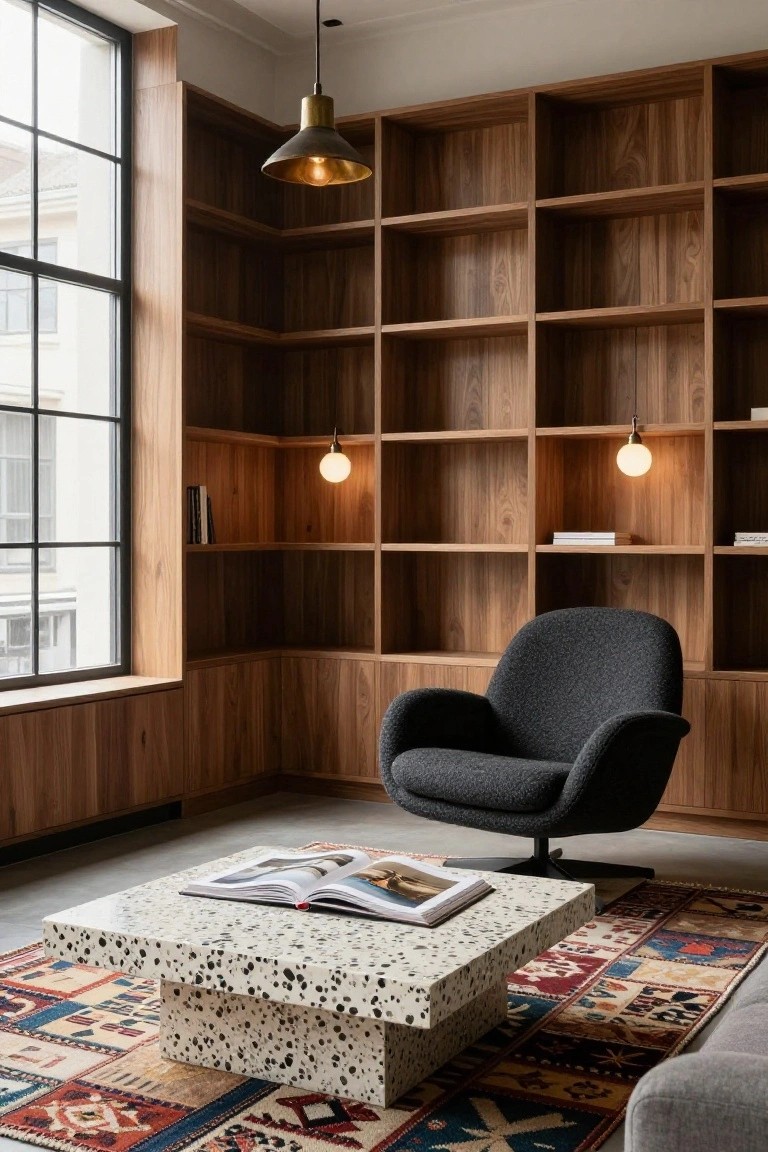 Corner reading nook with tall wooden bookshelves along two walls, black swivel armchair, low white terrazzo coffee table holding an open magazine, patterned rug, large windows, and hanging pendant lights.
