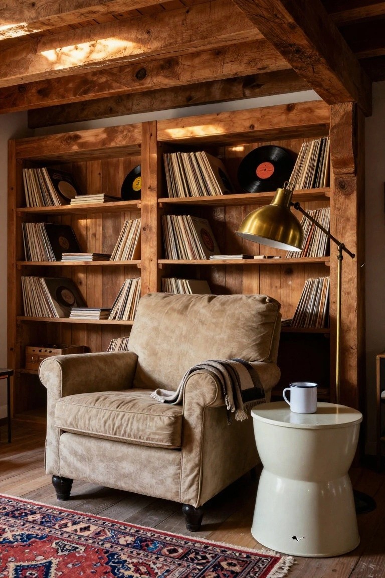 Beige armchair with plaid blanket beside white drum stool and mug, positioned in front of tall wooden bookshelves stocked with vinyl records and books, under exposed ceiling beams with gold arched floor lamp in rustic interior on patterned rug.