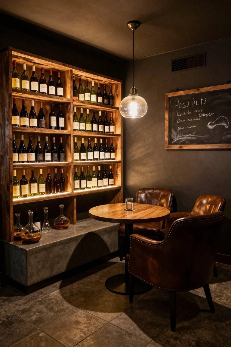Dimly lit interior room with tall wooden wine racks backlit along shelves holding numerous wine bottles, a round wooden table with two brown leather armchairs, a glass pendant light overhead, concrete ledge with decanters, and chalkboard wall.