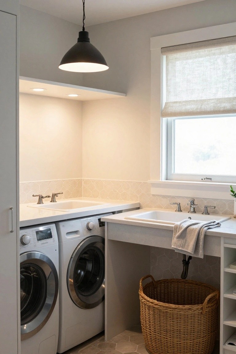 Laundry room featuring white front-loading washer and dryer next to two white utility sinks with chrome faucets, black cone pendant light hanging above, beige tile floor, wicker laundry basket, and window with linen shade.