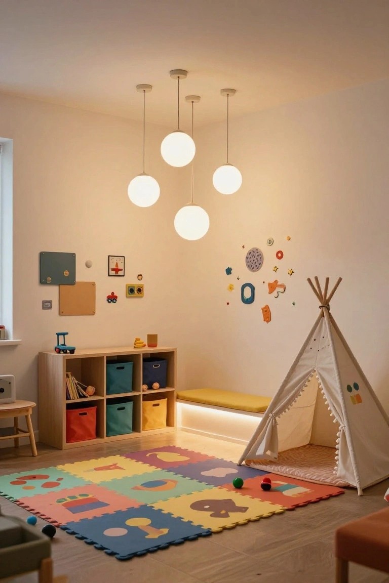 Children's playroom with four white spherical pendant lights hanging from the ceiling above a multicolored foam play mat, a fabric teepee tent, wooden toy shelves, and assorted wall decorations including animal shapes and drawings.