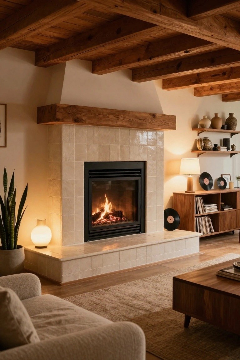 Warmly lit living room with wooden ceiling beams, white-tiled fireplace containing a burning fire, beige sofa, wooden coffee table and media console with vinyl records, potted snake plant, and glowing lamps on side tables.