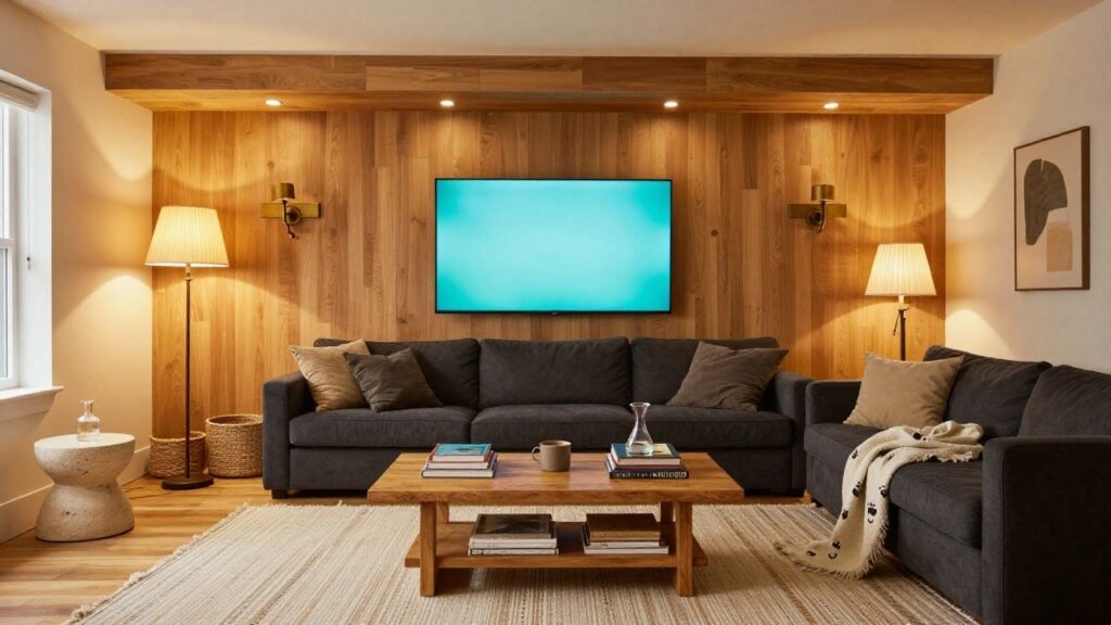Living room with black TV on wooden wall panel lit by recessed LEDs and sconces, gray sofa with pillows and throw, wooden coffee table with books and vase, beige rug, and floor lamp against teal wall.