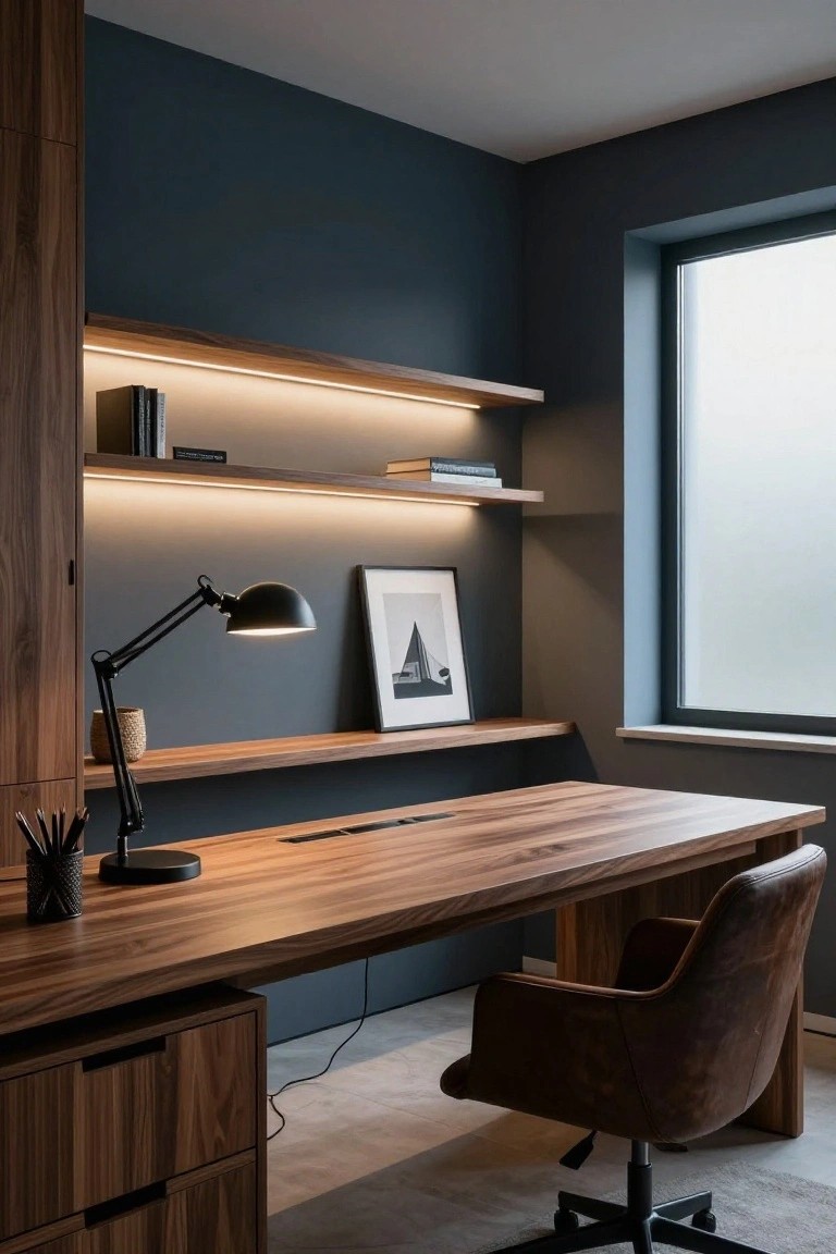 Modern home office with walnut wood desk and drawers, brown leather chair on casters, floating wooden shelves with LED strip lighting underneath, black adjustable desk lamp, potted plant, and large frosted window in navy blue room.