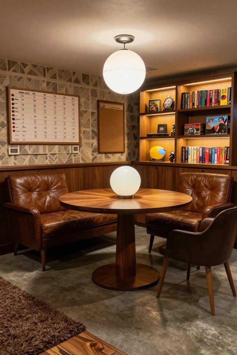 Basement lounge interior with brown leather armchairs and a swivel chair around a round wooden table holding a white globe lamp, wooden bookshelves stocked with books and decor, geometric gray wall panels with a calendar board, corkboard, and a large white globe pendant light overhead.
